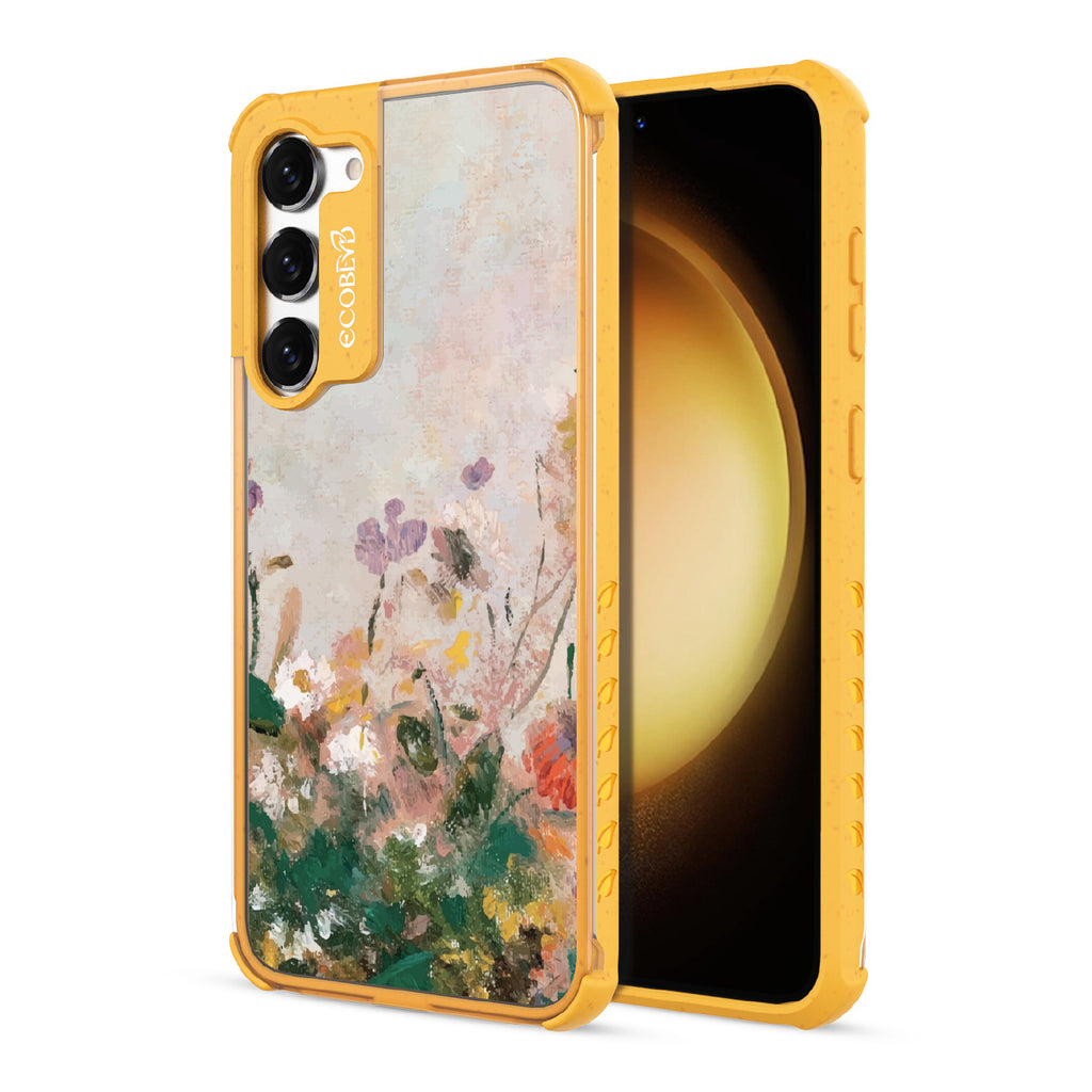 Front and back view of Samsung Galaxy S23  case, clear compostable phone case with yellow ridges, Wild Grace design