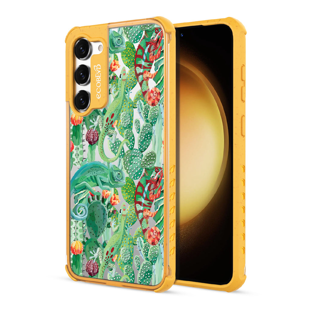 In Plain Sight - Yellow Eco-Friendly Galaxy S23 Plus Case With Chameleons On Cacti On A Clear Back