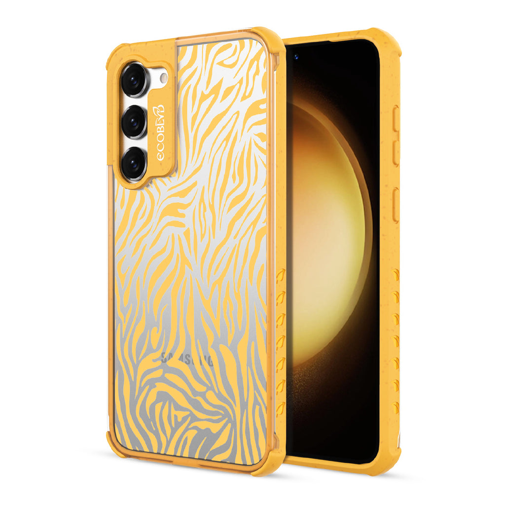Zebra Print - Back View Of Yellow & Clear Eco-Friendly Galaxy S23 Case & A Front View Of The Screen