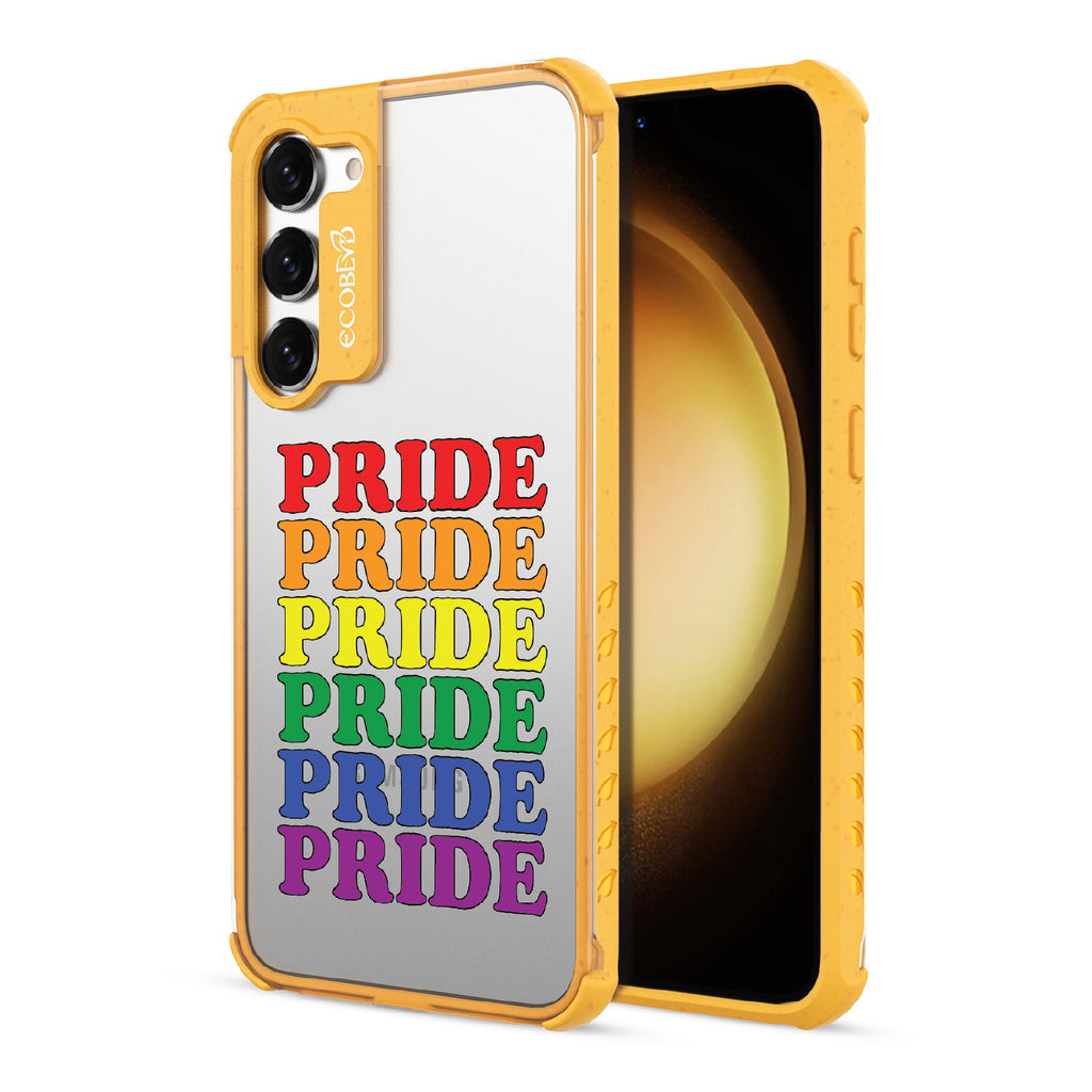 Pride Camp - Back View Of Yellow & Clear Eco-Friendly Galaxy S23 Case & A Front View Of The Screen