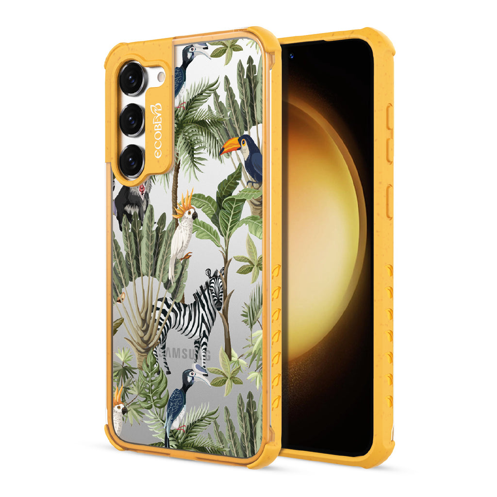 Toucan Play That Game - Back View Of Yellow & Clear Eco-Friendly Galaxy S23 Plus Case & A Front View Of The Screen