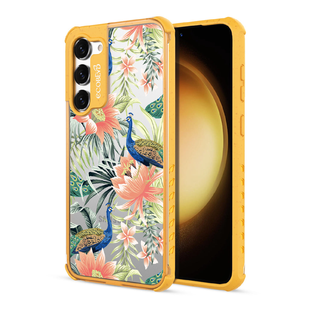 Peacock Palace - Back View Of Yellow & Clear Eco-Friendly Galaxy S23 Case & A Front View Of The Screen