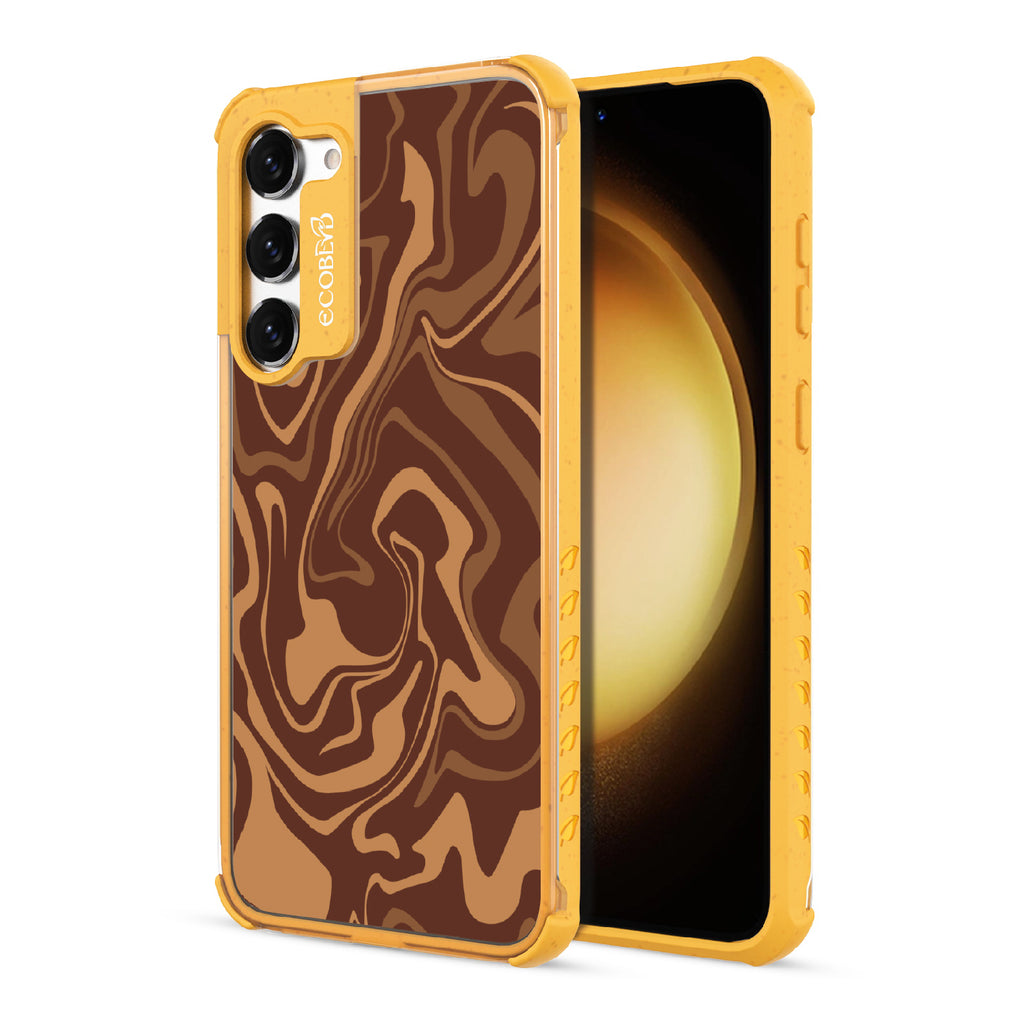 Front and back view of Samsung Galaxy S23 case, clear compostable phone case with yellow ridges, Stirred & Swirled design