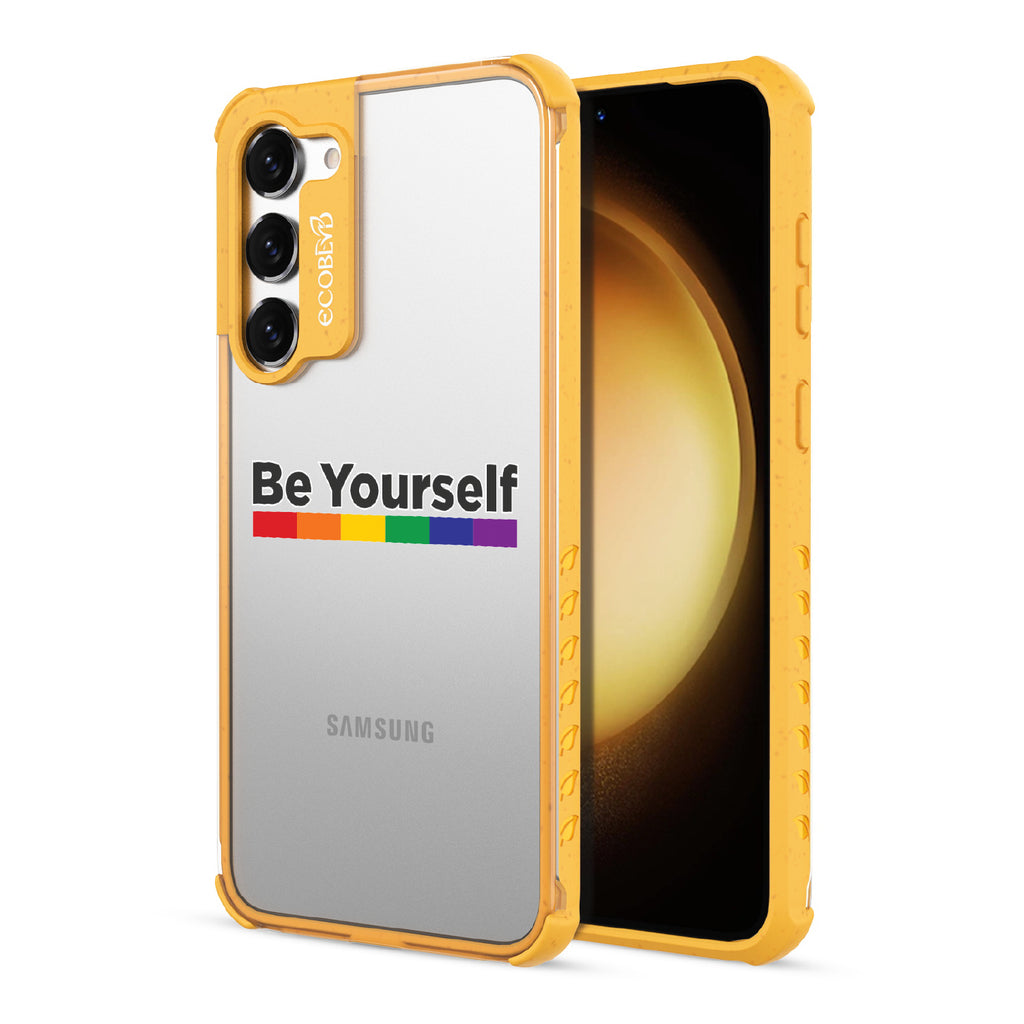 Be Yourself - Back View Of Yellow & Clear Eco-Friendly Galaxy S23 Plus Case & A Front View Of The Screen