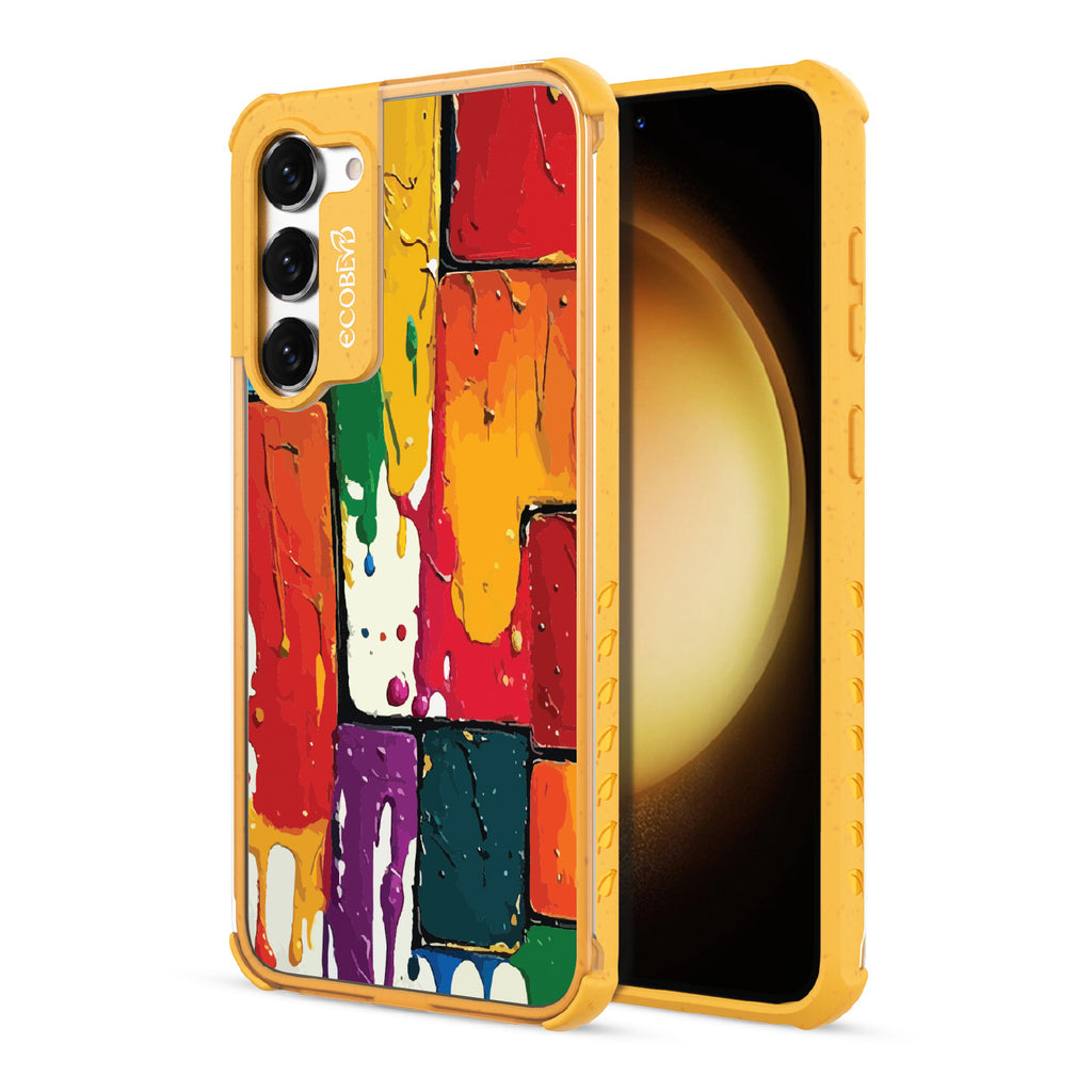 Front and back view of Samsung Galaxy S23  case, clear compostable phone case with yellow ridges, Color Me Mine design