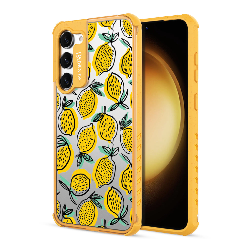 Lemon Drop - Back View Of Yellow & Clear Eco-Friendly Galaxy S23 Case & A Front View Of The Screen