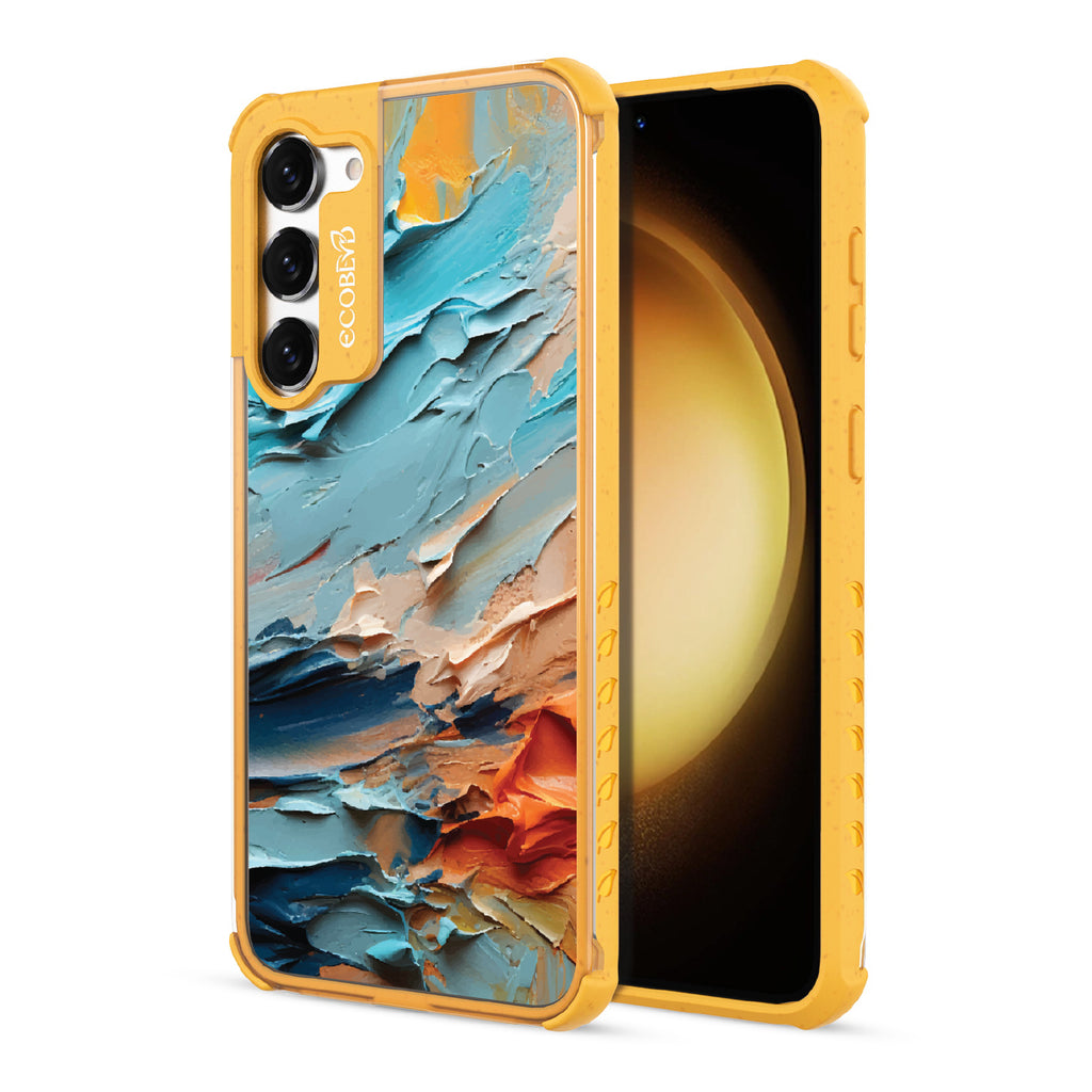 Front and back view of Samsung Galaxy S23 Plus case, clear compostable phone case with yellow ridges, Frame of Mind design