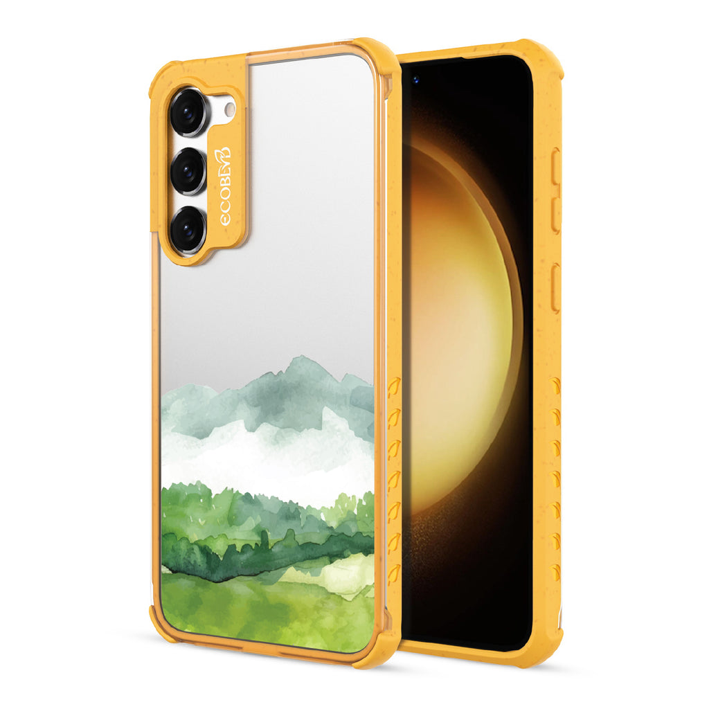 Front and back view of Samsung Galaxy S23 case, clear compostable phone case with yellow ridges, Open Horizon design