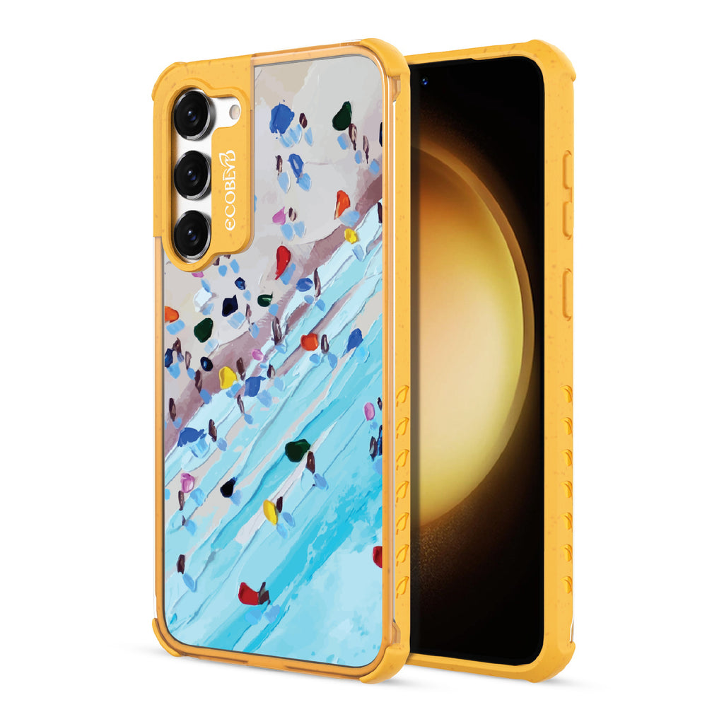 Front and back view of Samsung Galaxy S23 case, clear compostable phone case with yellow ridges, Waves of Color design