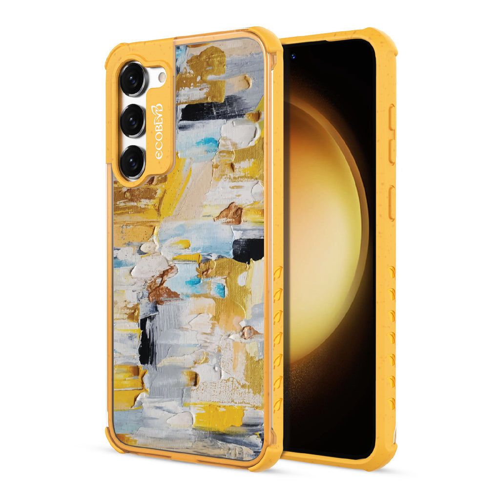 Front and back view of Samsung Galaxy S23 Plus case, clear compostable phone case with yellow ridges, Lighten Up design