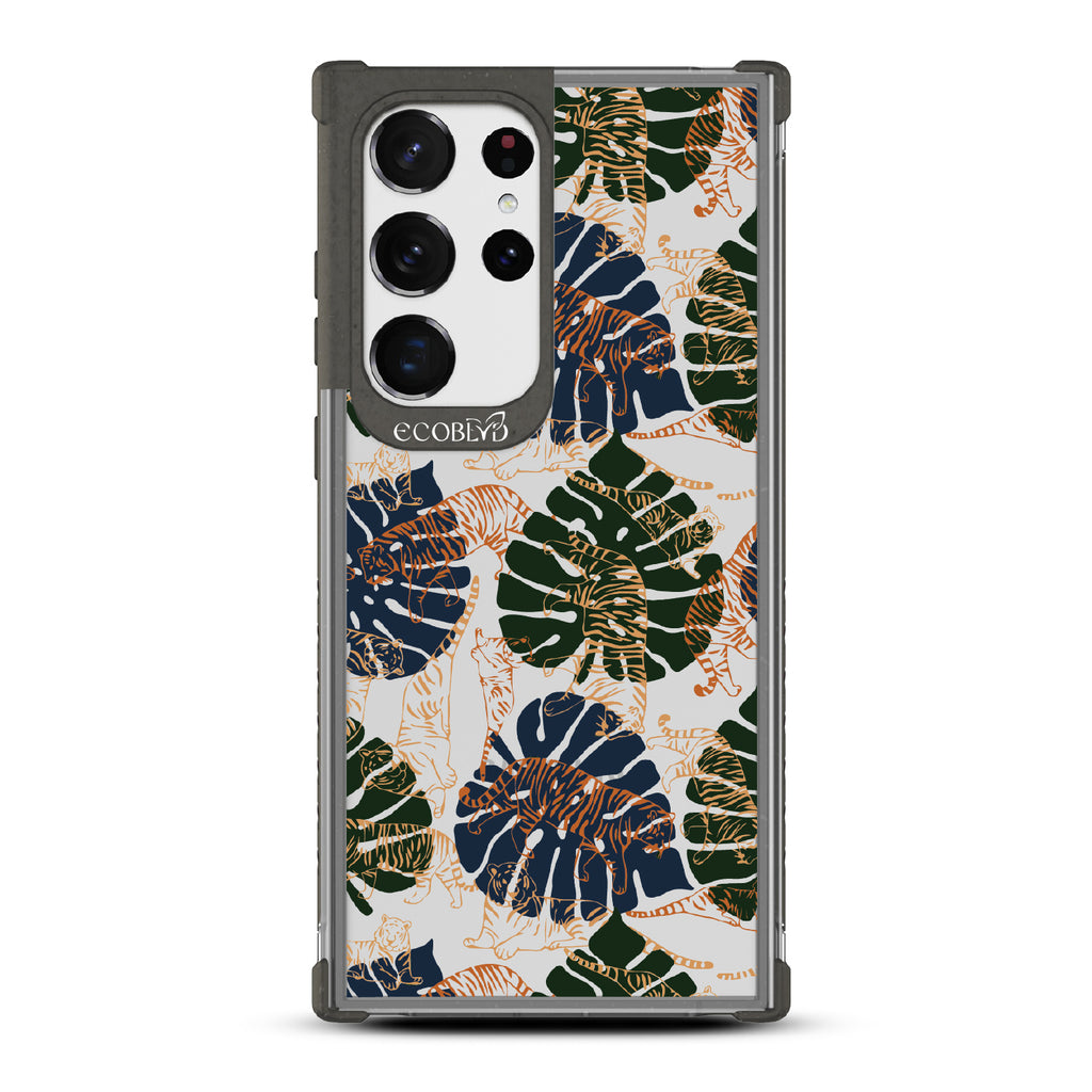 Tropic Roar - Black Eco-Friendly Galaxy S23 Ultra Case With Jungle Leaves & Orange / Yellow Tiger Outlines On A Clear Back