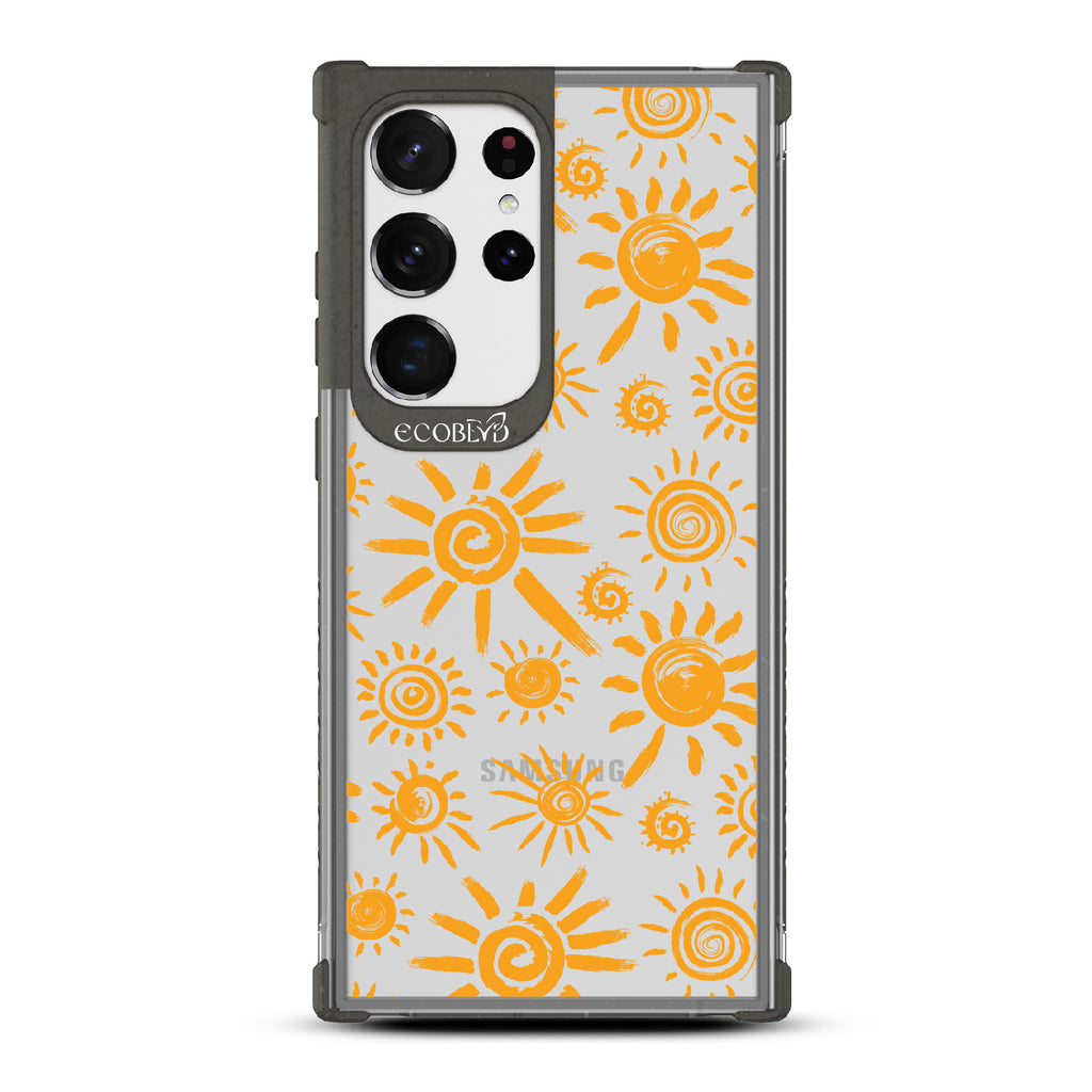 Eternal Sunshine - Black Eco-Friendly Galaxy S23 Ultra Case With Retro & Abstract Sun Paintings On A Clear Back