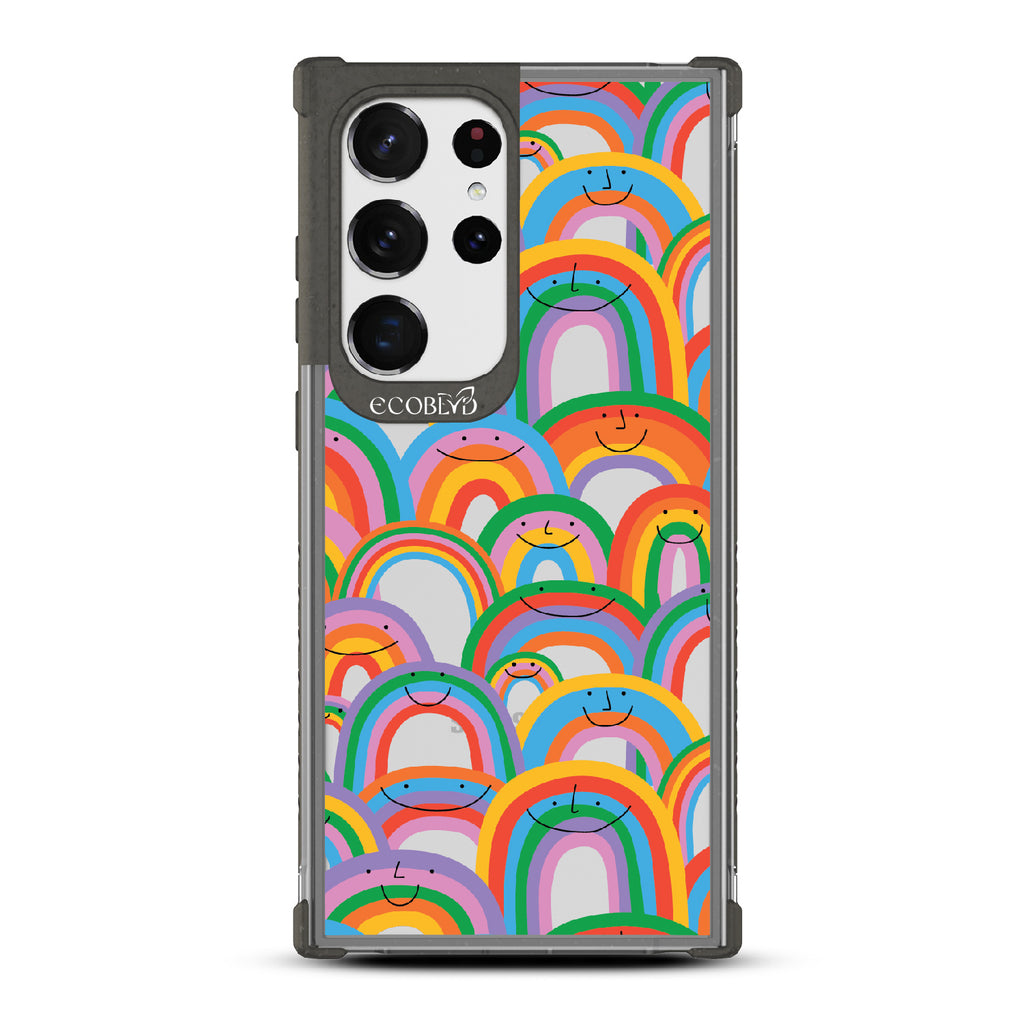 Prideful Smiles - Black Eco-Friendly Galaxy S23 Ultra Case With Rainbows That Have Smiley Faces On A Clear Back
