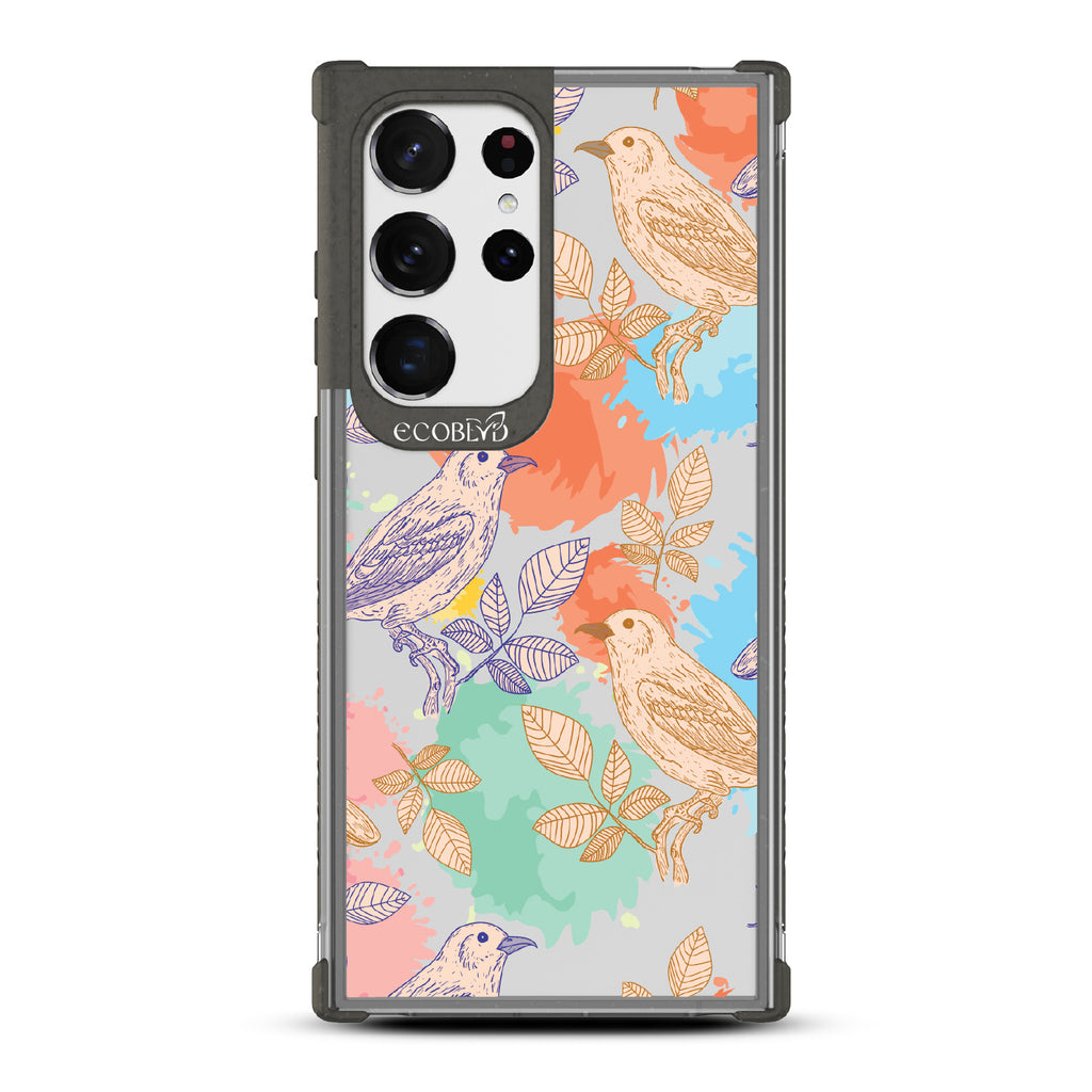 Perch Perfect - Black Eco-Friendly Galaxy S23 Ultra Case With Birds On Branches & Splashes Of Color On A Clear Back