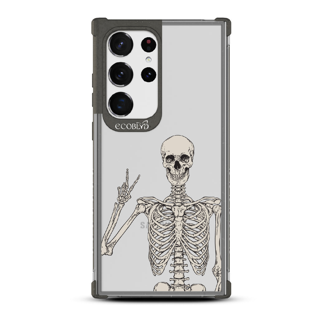Creepin??????It Real - Black Eco-Friendly Galaxy S23 Ultra Case With Skeleton Giving A Peace Sign On A Clear Back