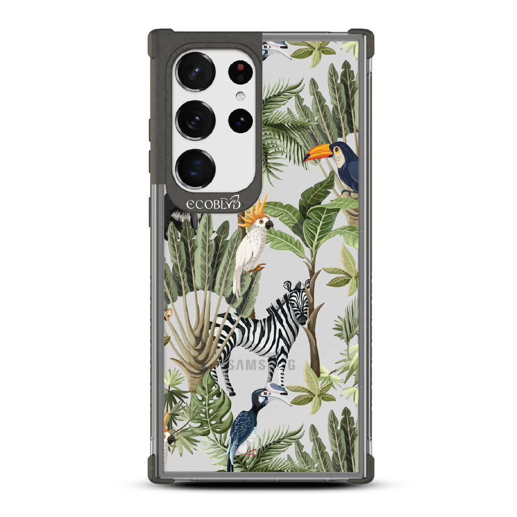 Toucan Play That Game - Black Eco-Friendly Galaxy S23 Ultra Case With Jungle Fauna, Toucan, Zebra & More On A Clear Back