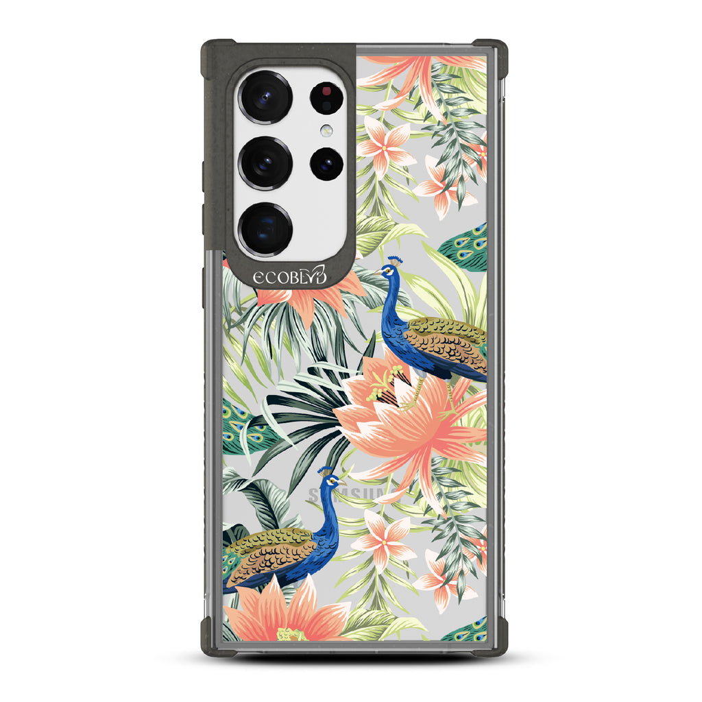 Peacock Palace - Black Eco-Friendly Galaxy S23 Ultra Case With Peacocks + Colorful Tropical Fauna On A Clear Back