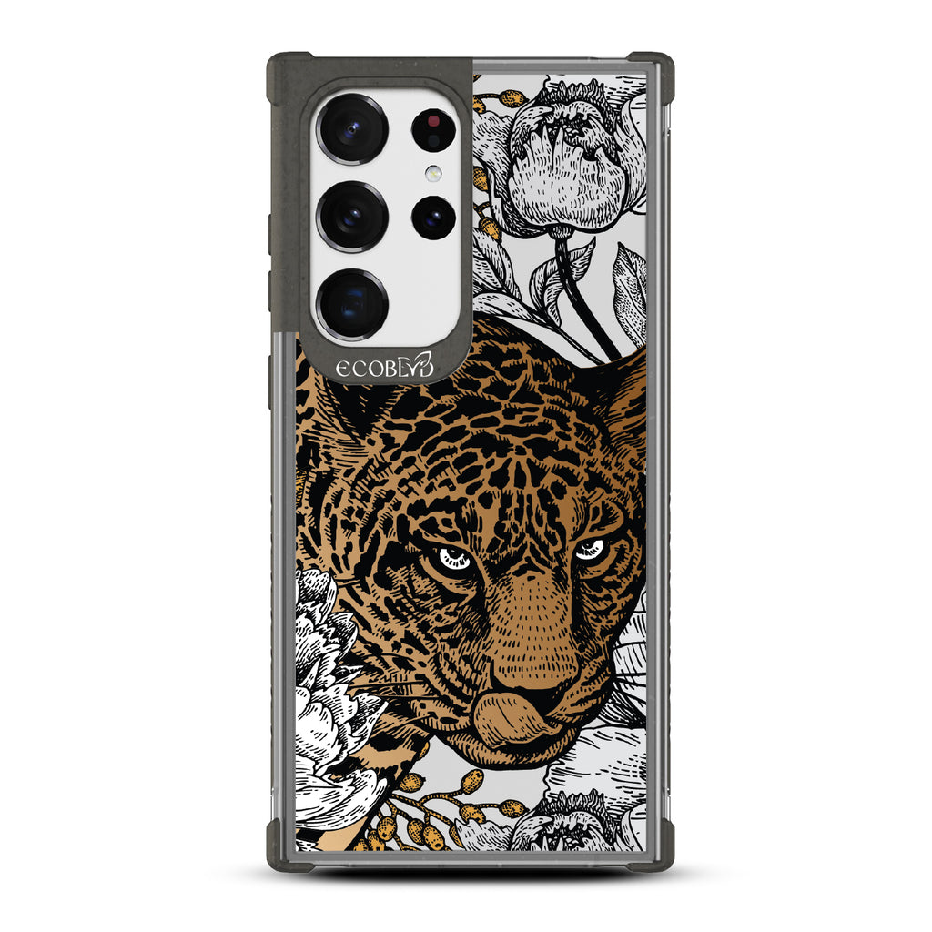 Purrfectly Striking - Black Eco-Friendly Galaxy S23 Ultra Case With Leopard, Black/Grey Flowers On A Clear Back
