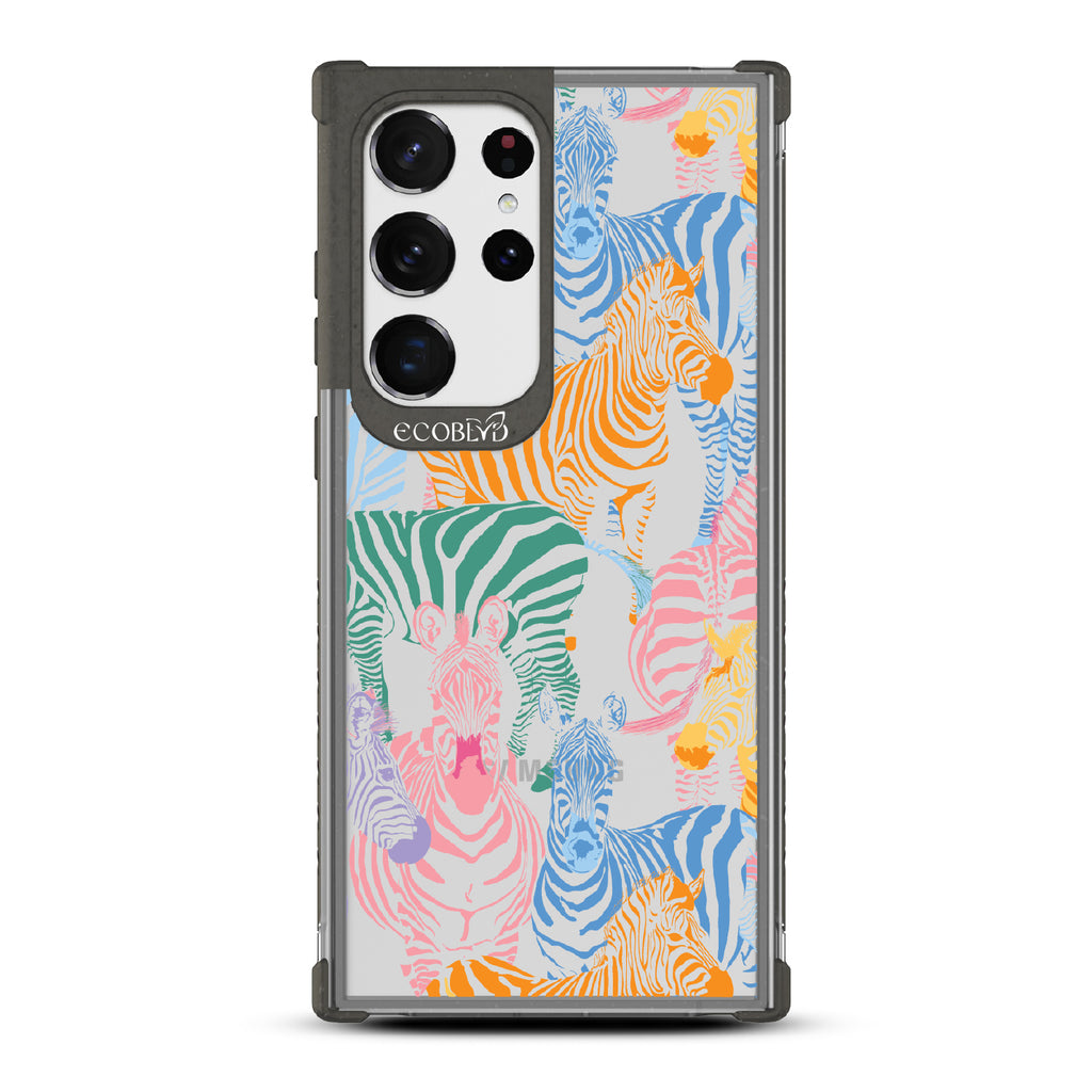 Colorful Herd - Black Eco-Friendly Galaxy S23 Ultra Case With Zebras in Multiple Colors On A Clear Back