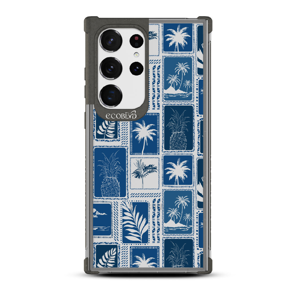 Oasis - Black Eco-Friendly Galaxy S23 Ultra Case With Tropical Shirt Palm Trees & Pineapple Print On A Clear Back