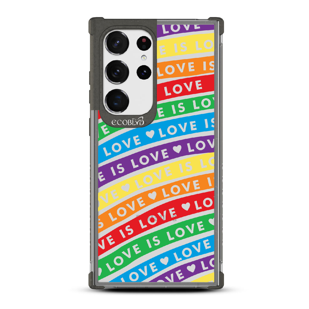 Love Unites All - Black Eco-Friendly Galaxy S23 Ultra Case With Love Is Love On Colored Lines Forming Rainbow On A Clear Back