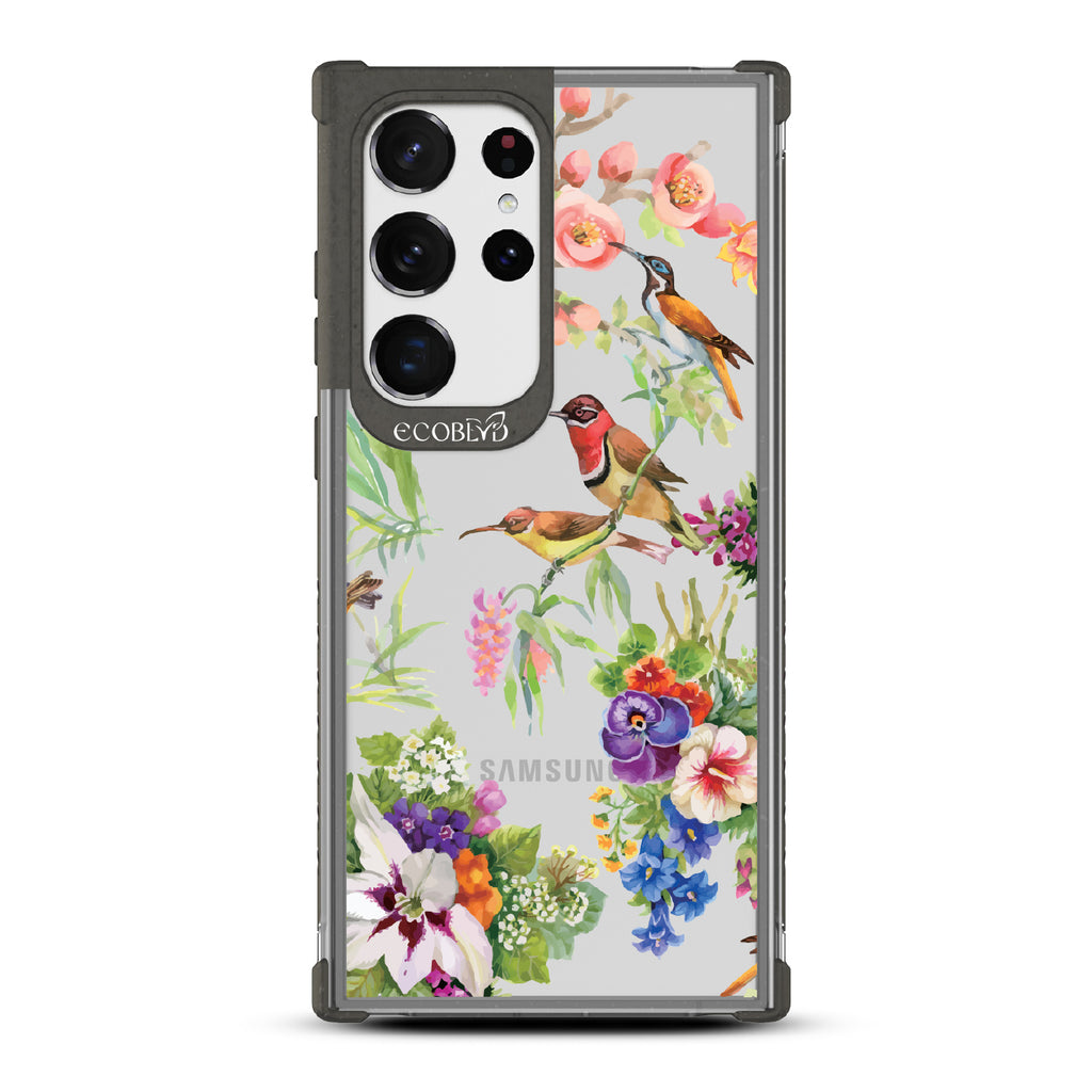 Sweet Nectar - Black Eco-Friendly Galaxy S23 Ultra Case With Humming Birds, Colorful Garden Flowers On A Clear Back