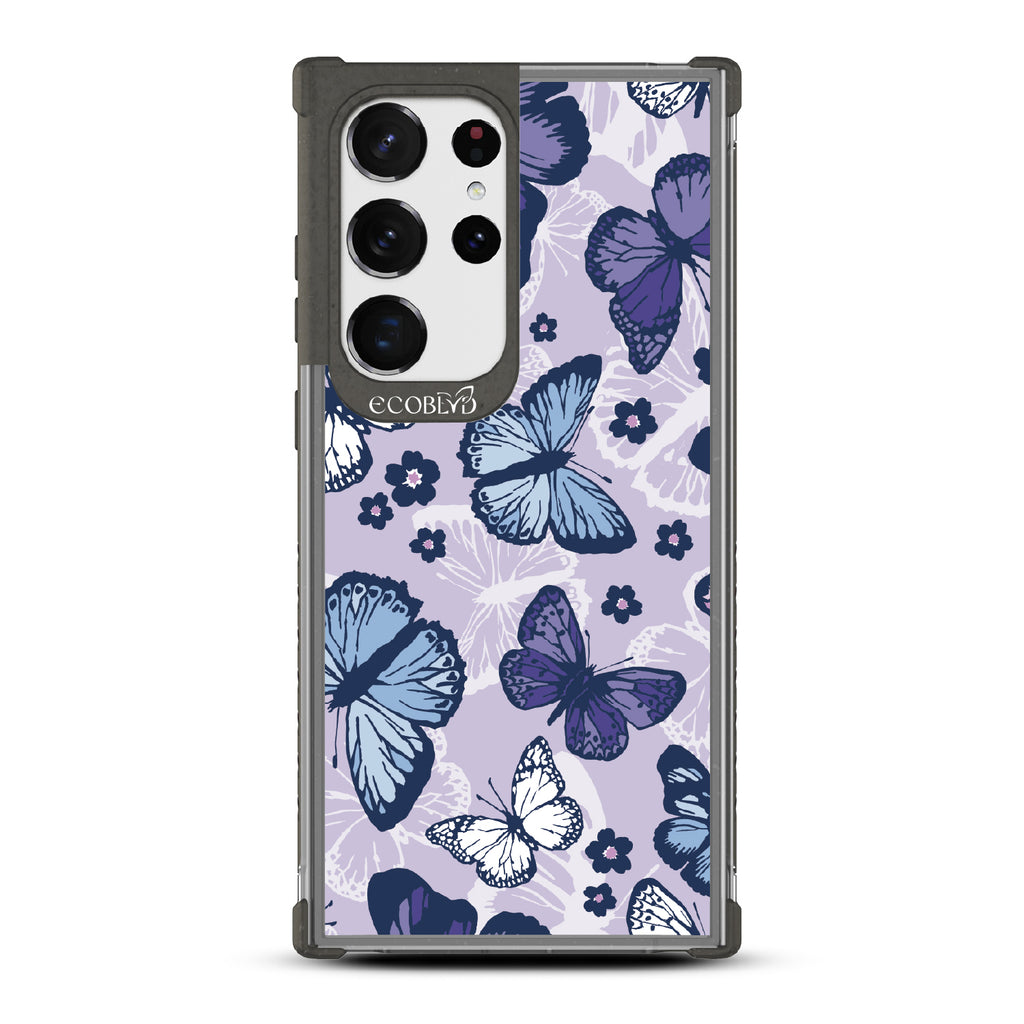 Deja Vu - Black Eco-Friendly Galaxy S23 Ultra Case With Blue, White, Purple Butterflies & Flowers On A Purple / Clear Back