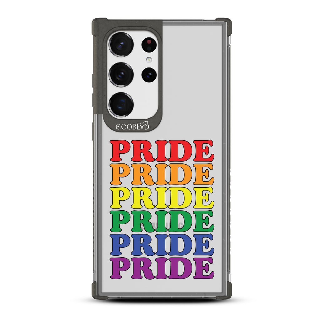 Pride Camp - Black Eco-Friendly Galaxy S23 Ultra Case With Pride Stacked In Multiple Rainbow Colors On A Clear Back