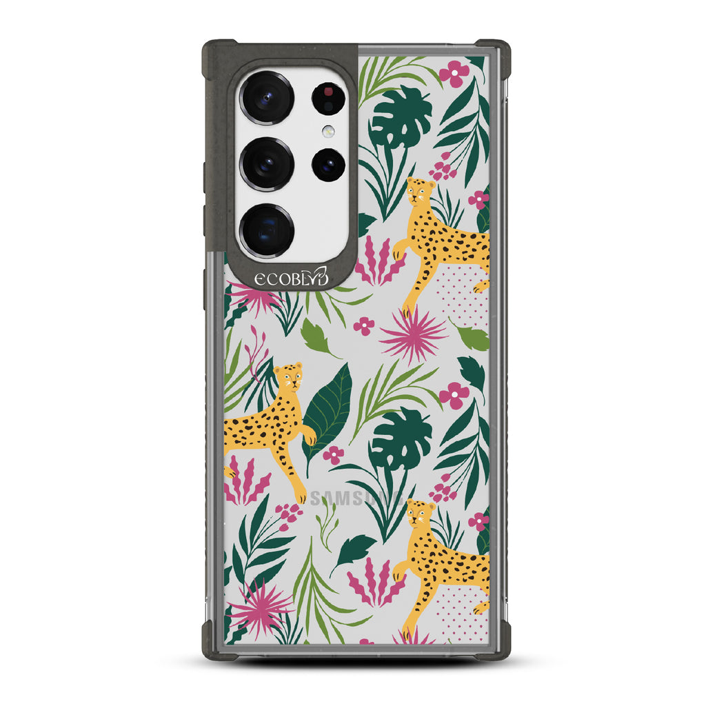 Jungle Boogie - Black Eco-Friendly Galalxy S23 Ultra Case With Cheetahs Among Lush Colorful Jungle Foliage On A Clear Back