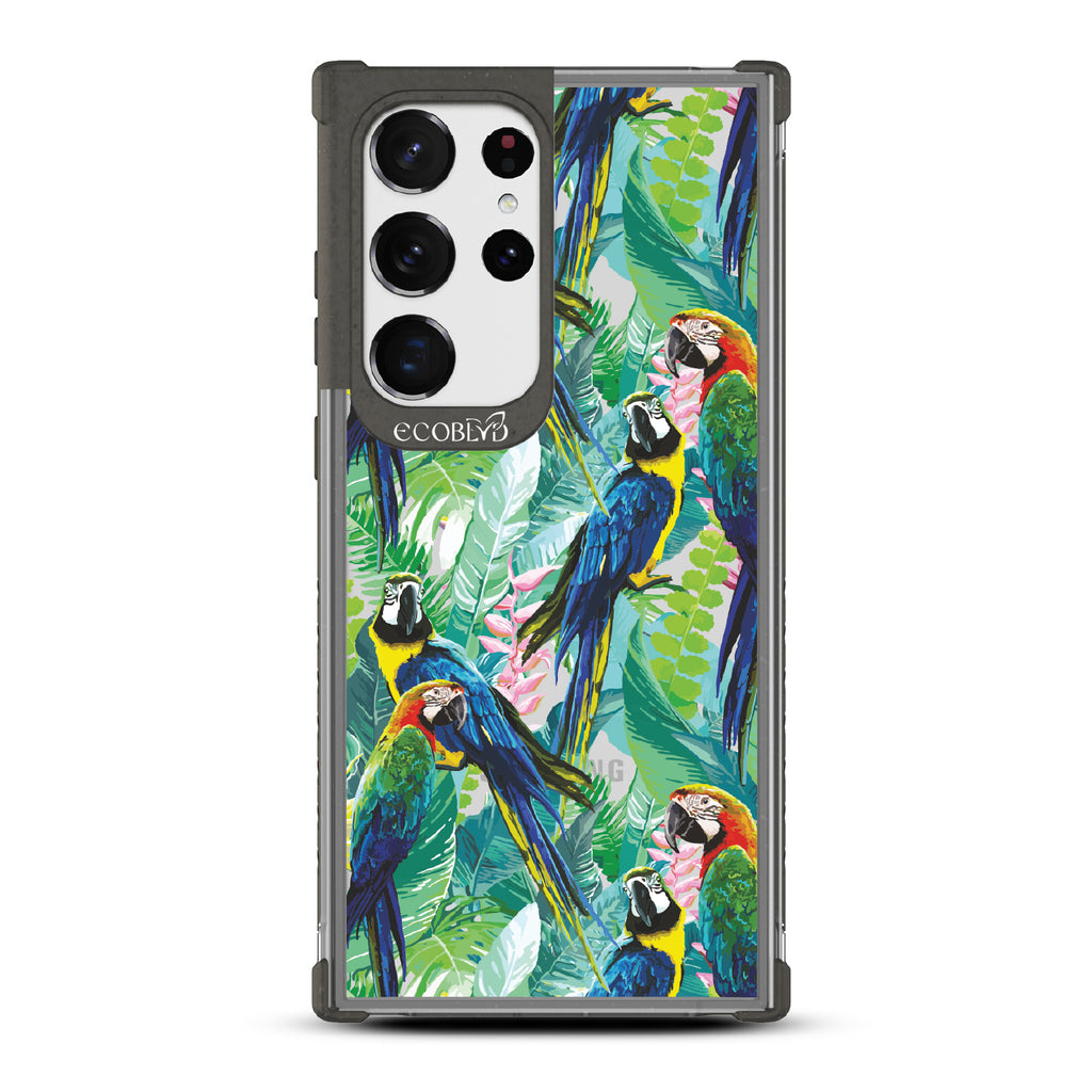 Macaw Medley - Black Eco-Friendly Galaxy S23 Ultra Case With Macaws & Tropical Leaves On A Clear Back