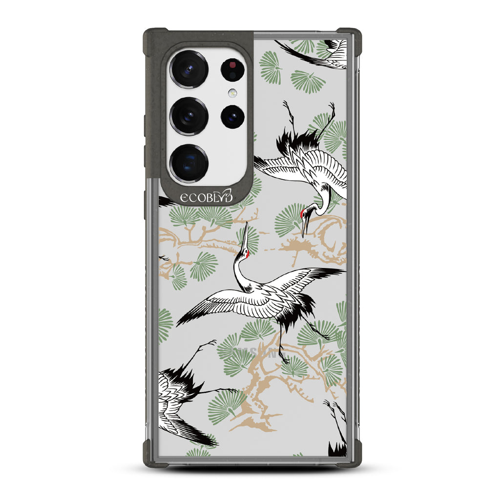 Graceful Crane - Black Eco-Friendly Galaxy S23 Ultra Case With Japanese Cranes Atop Branches On A Clear Back