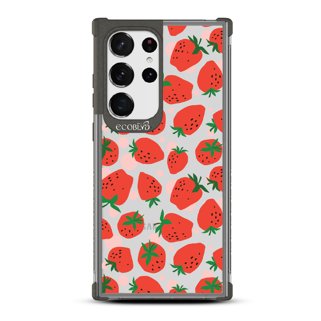 Strawberry Fields - Black Eco-Friendly Galaxy S23 Ultra Case With Strawberries On A Clear Back
