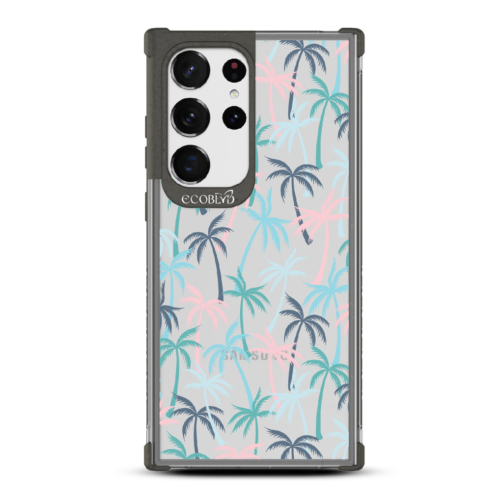Cruel Summer - Black Eco-Friendly Galaxy S23 Ultra Case With Hotline Miami Colored Tropical Palm Trees On A Clear Back