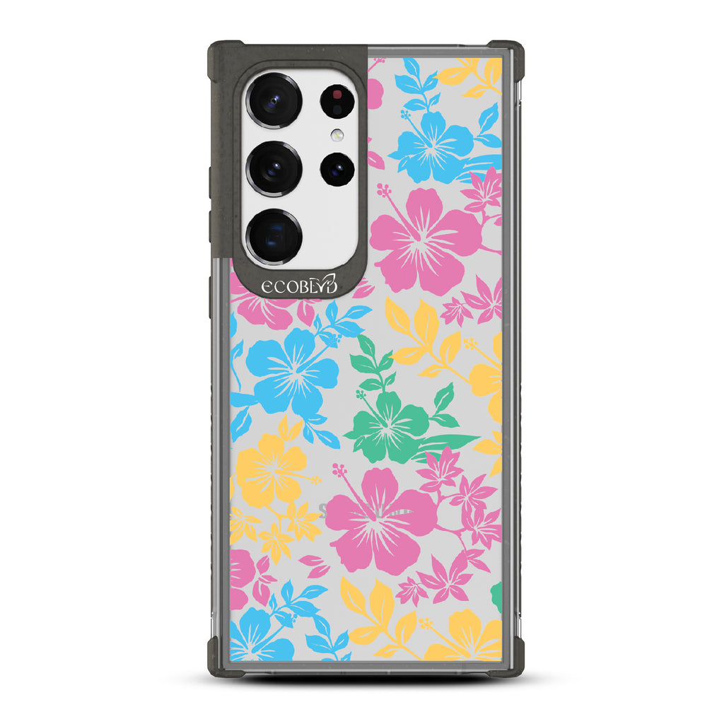 Lei'd Back - Black Eco-Friendly Galaxy S23 Ultra Case With Colorful Hawaiian Hibiscus Floral Print On A Clear Back