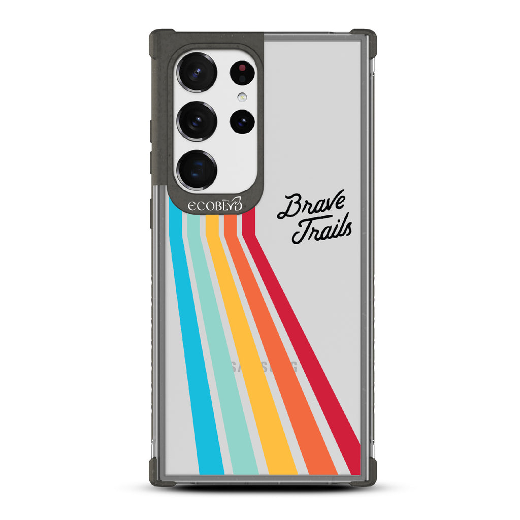 Trailblazer X Brave Trails - Black Eco-Friendly Galaxy S23 Ultra Case with Trails  In A Vibrant Spectrum Of Rainbow Colors On A Clear Back