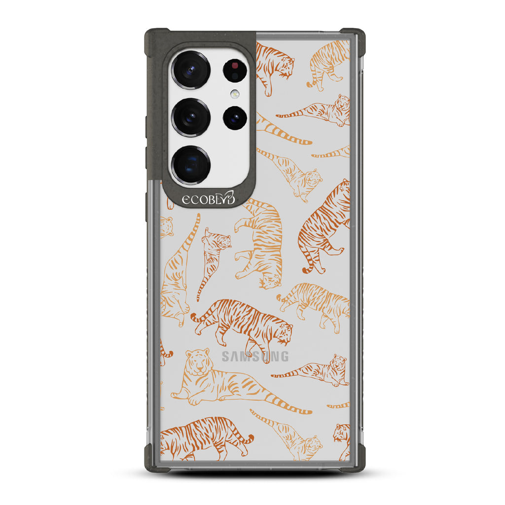 Tiger Pride - Black Eco-Friendly Galaxy S23 Ultra Case With Orange / Yellow Tiger Outlines On A Clear Back