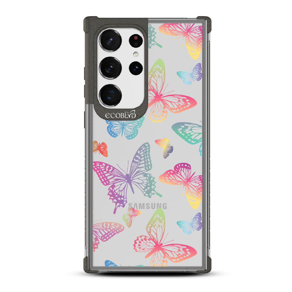Butterfly Effect - Black Eco-Friendly Galaxy S23 Ultra Case With Multi-Colored Neon Butterflies On A Clear Back