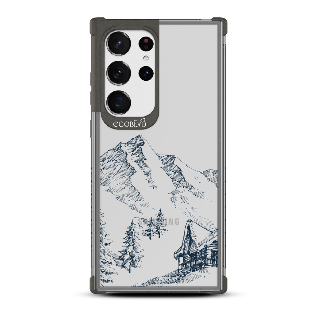 Cabin Retreat - Black Eco-Friendly Galaxy S23 Ultra Case with Mountainside Cabin On A Clear Back
