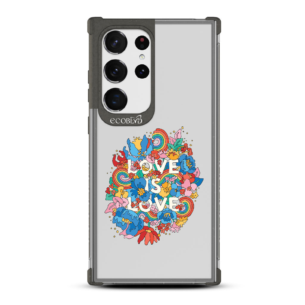 Ever-Blooming Love - Black Eco-Friendly Galaxy S23 Ultra Case With Rainbows + Flowers, Love Is Love On A Clear Back
