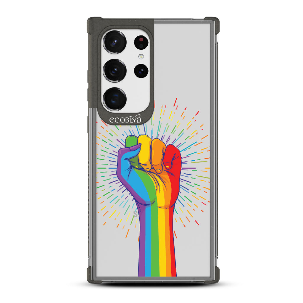 Rise With Pride - Black Eco-Friendly Galaxy S23 Ultra Case With Raised Fist In Rainbow Colors On A Clear Back