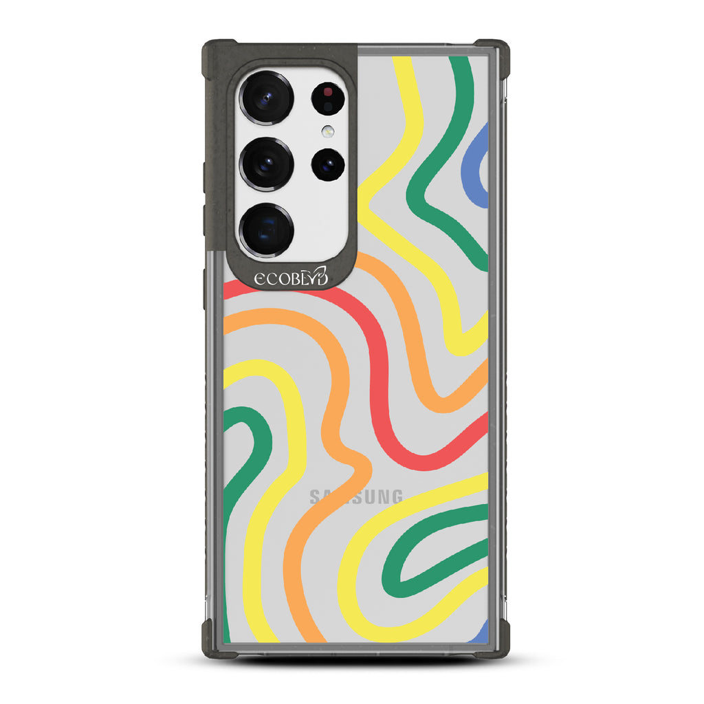 True Colors - Black Eco-Friendly Galaxy S23 Ultra Case With Abstract Lines In Different Colors Of The Rainbow On A Clear Back