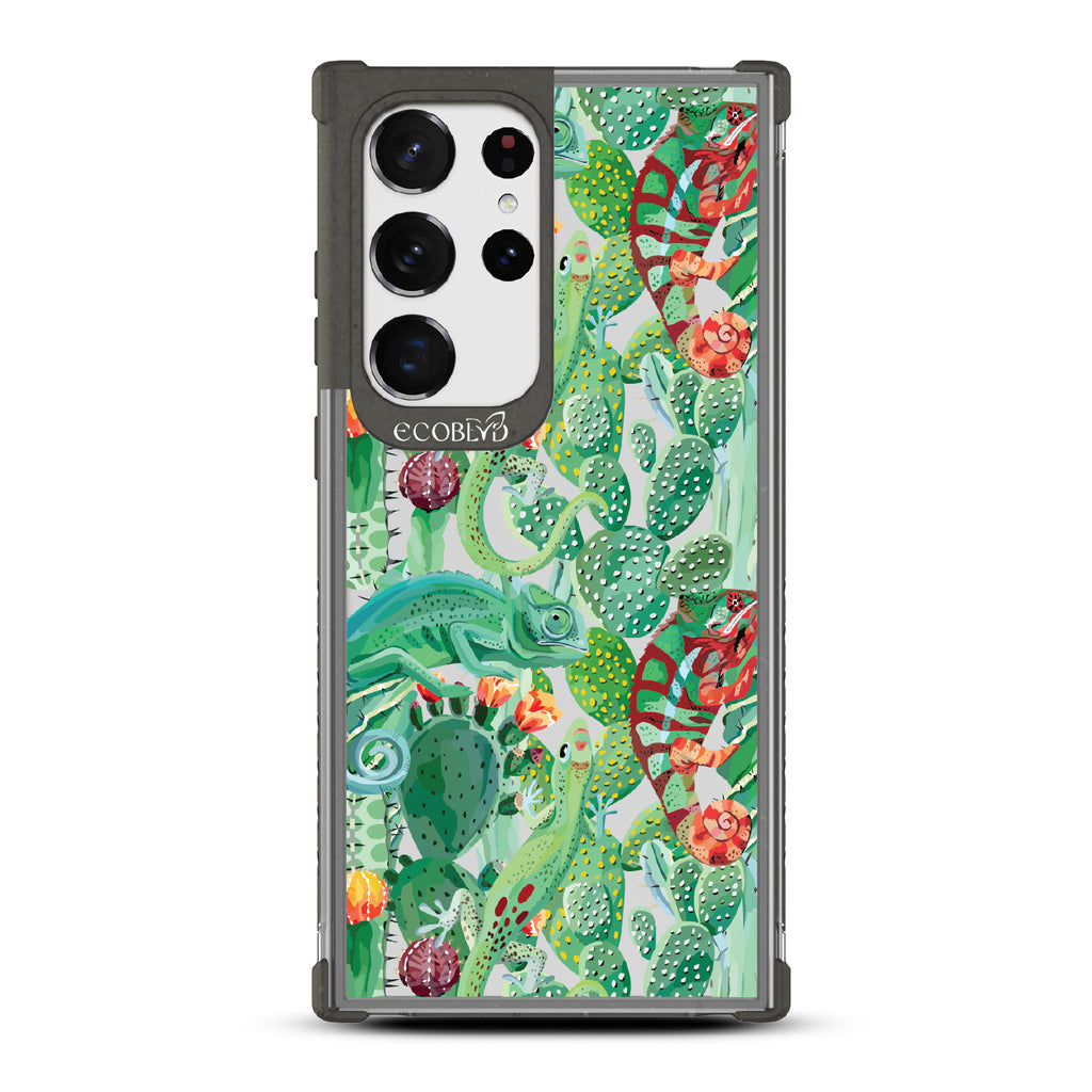In Plain Sight - Black Eco-Friendly Galaxy S23 Ultra Case With Chameleons On Cacti On A Clear Back