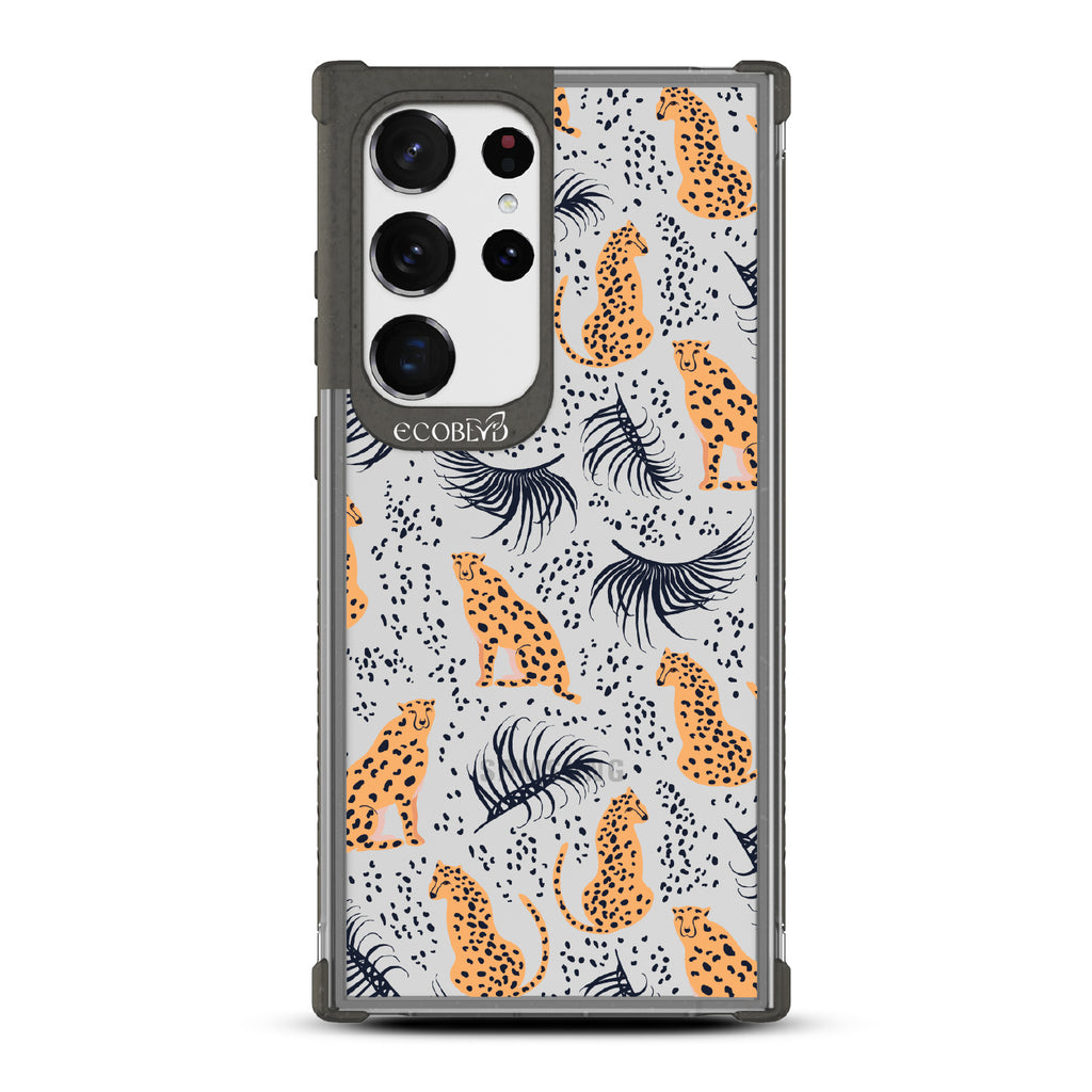 Feline Fierce - Black Eco-Friendly Galaxy S23 Ultra Case With Minimalist Cheetahs With Spots and Reeds On A Clear Back