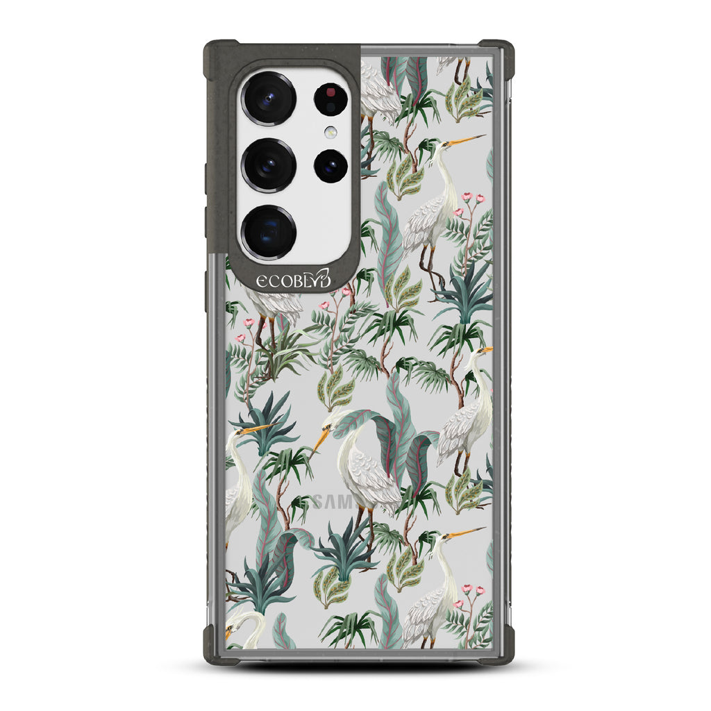 Flock Together - Black Eco-Friendly Galaxy S23 Ultra Case With Herons & Peonies On A Clear Back
