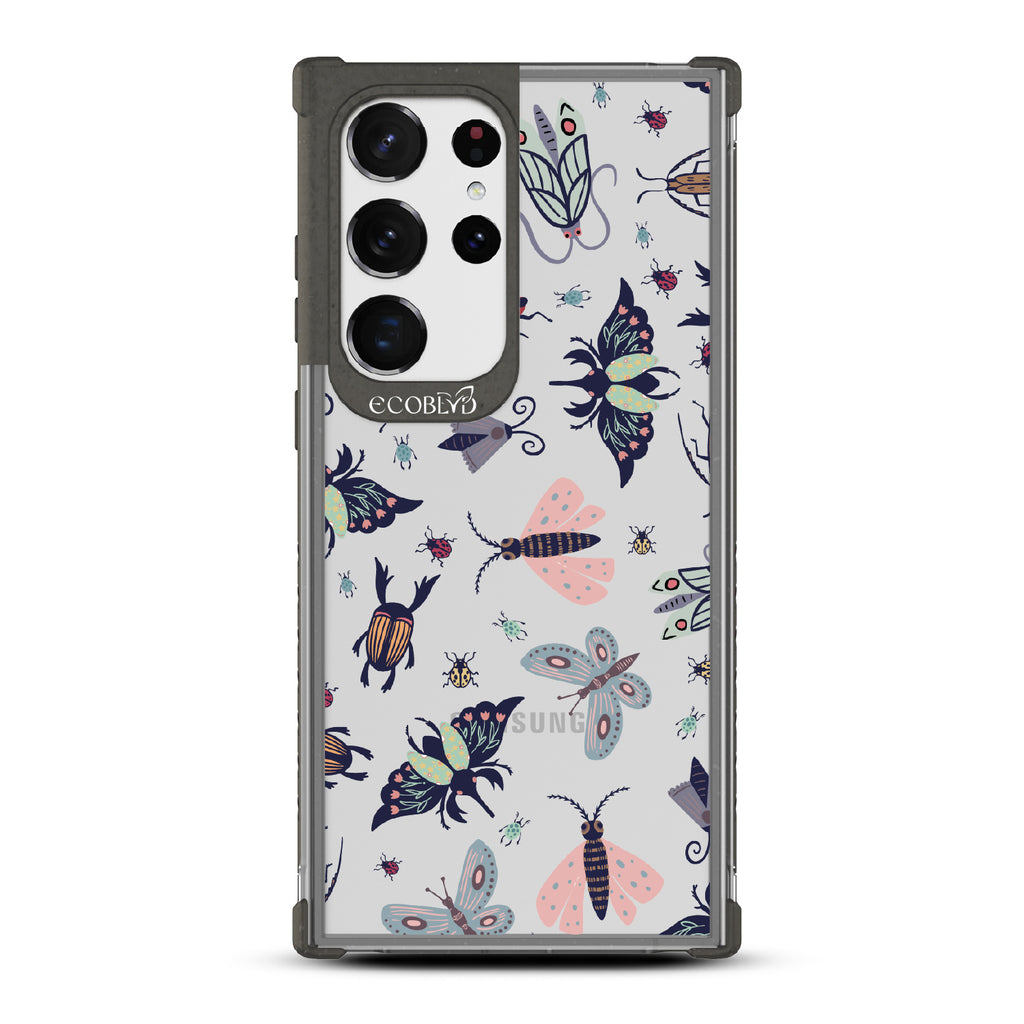 Bug Out - Black Eco-Friendly Galaxy S23 Ultra Case With Butterflies, Moths, Dragonflies, And Beetles On A Clear Back