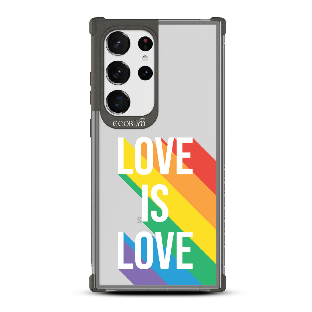 Spectrum Of Love - Black Eco-Friendly Galaxy S23 Ultra Case With Love Is Love + Rainbow Gradient Shadow On A Clear Back