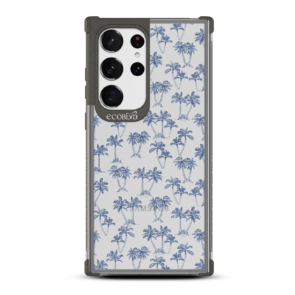Endless Summer - Black Eco-Friendly Galaxy S23 Ultra Case With 50's-Style Blue Palm Trees Print On A Clear Back