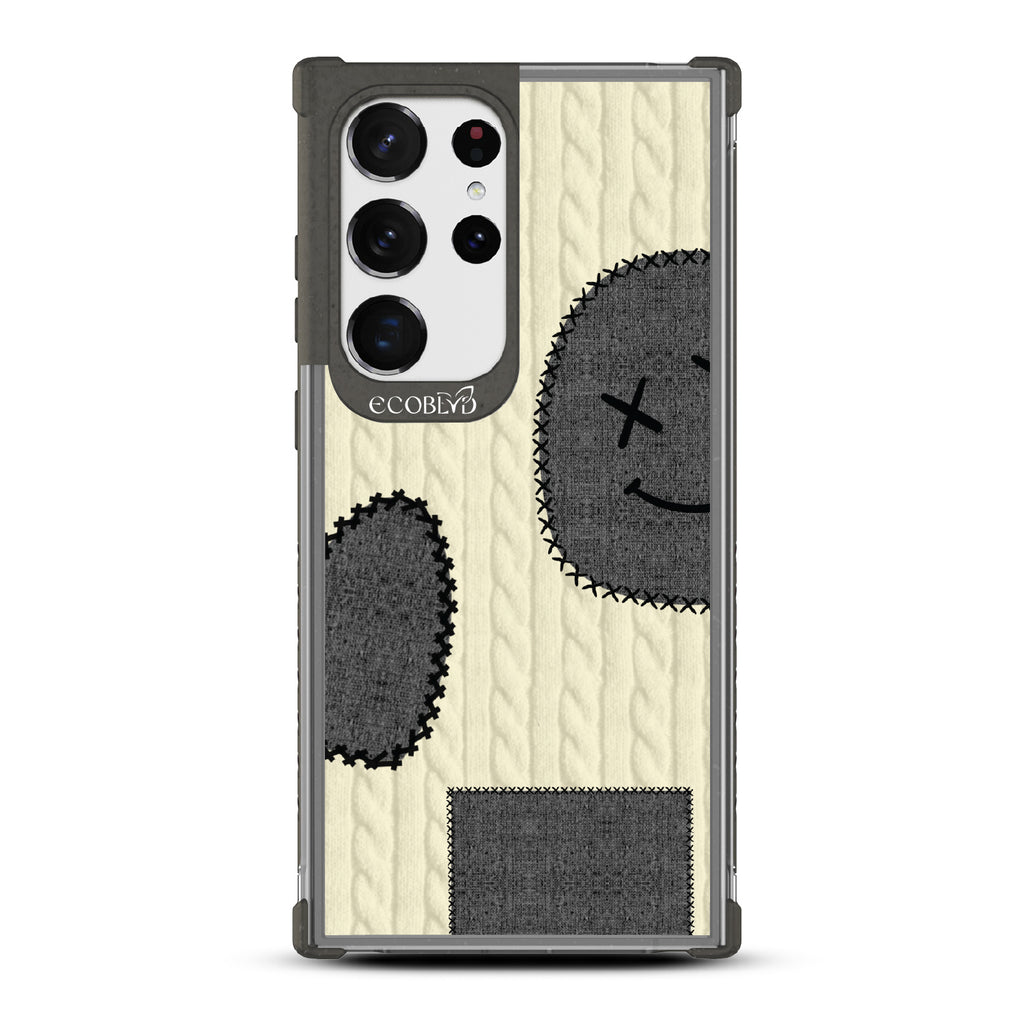All Patched Up - Cable Knit With Patches of Heart + Happy Face - Eco-Friendly Clear Samsung Galaxy S23 Ultra Case With Black Rim