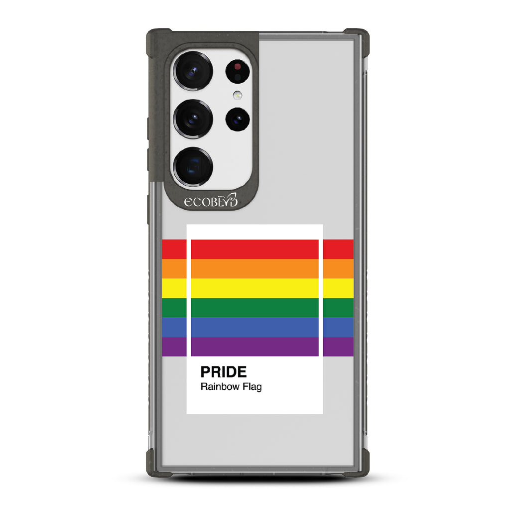 Colors Of Unity - Black Eco-Friendly Galaxy S23 Ultra Case With Pride Rainbow Flag As Pantone Swatch On A Clear Back