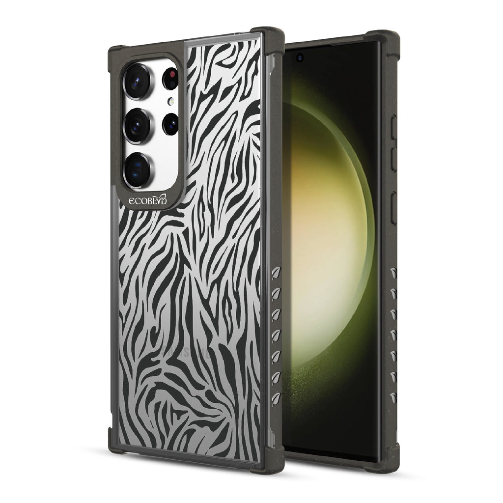 Zebra Print - Back View Of Black & Clear Eco-Friendly Galaxy S23 Ultra Case & A Front View Of The Screen
